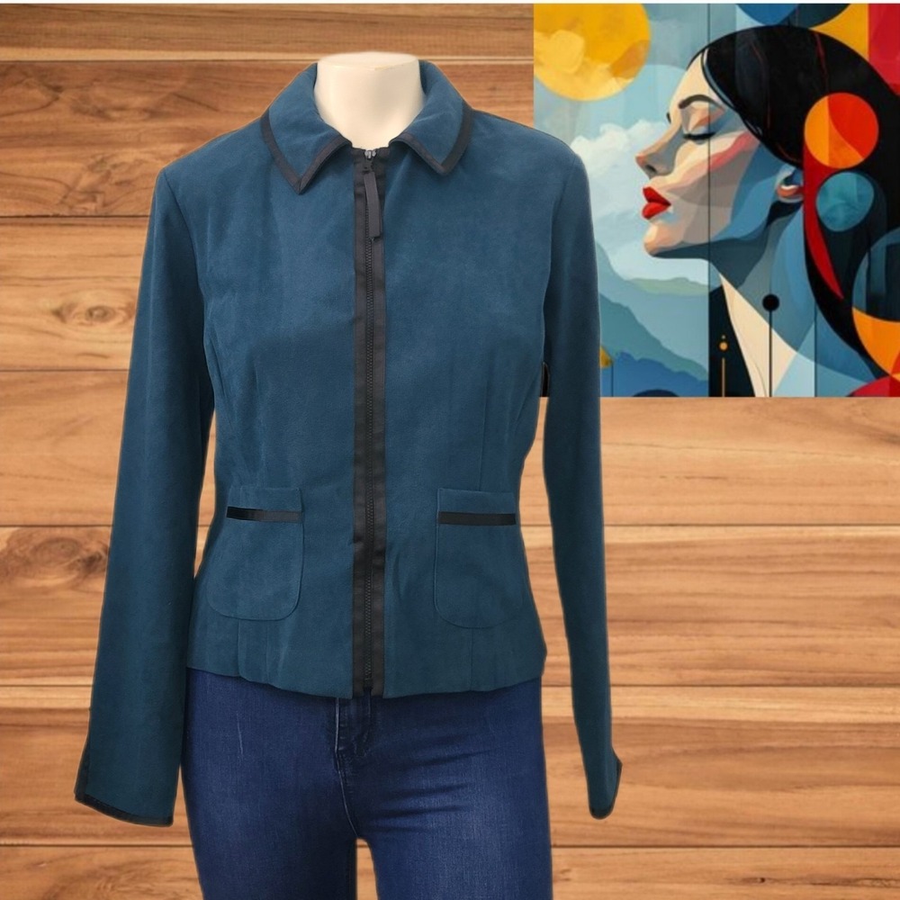 Dressbarn Women's Sweater Jacket Teal Zip-Up‎ with Black Trim Size 8